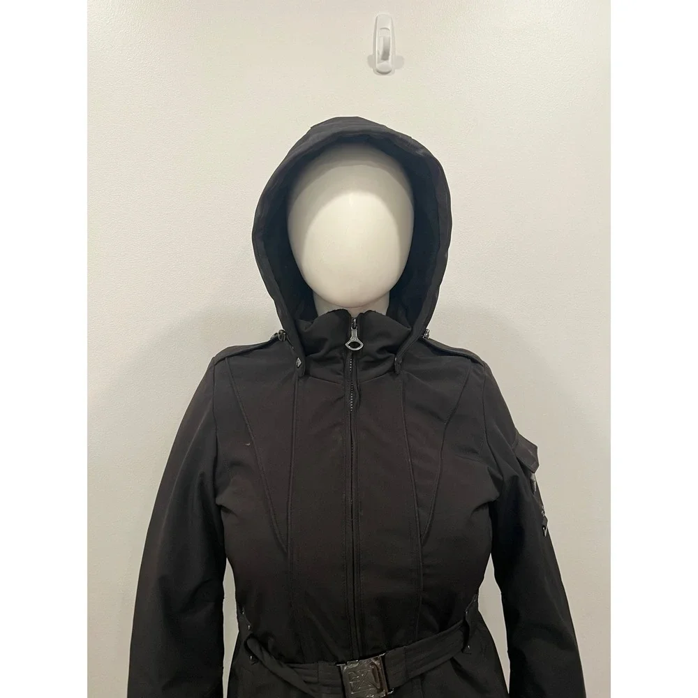ZX BLK Label Coat Jacket Womens Medium Black Belted Softshell Hooded Ski Parka